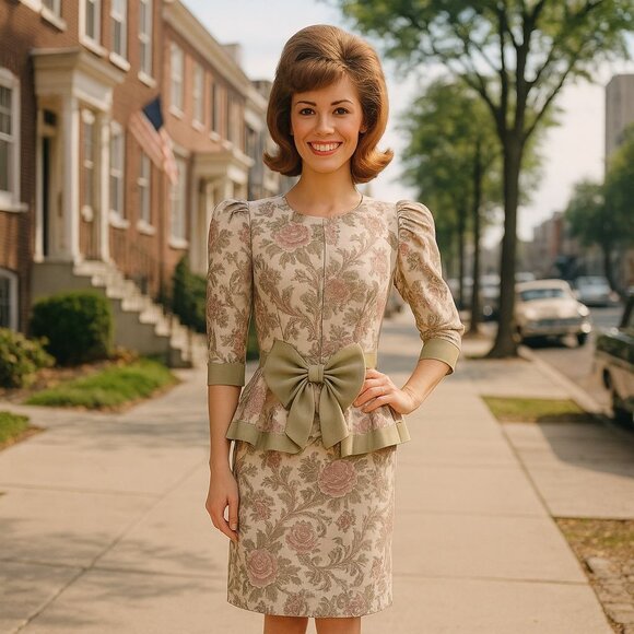 Vintage SL Fashions Floral Brocade Dress Set Puff Sleeve Peplum Bow Size 7/8 USA - Picture 5 of 14